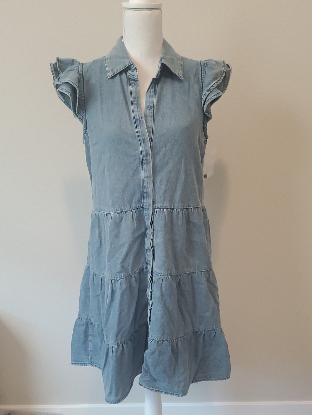 Grace + Karma Light Denium Blue Tiered Chambray Midi Dress with Flutter Sleeves